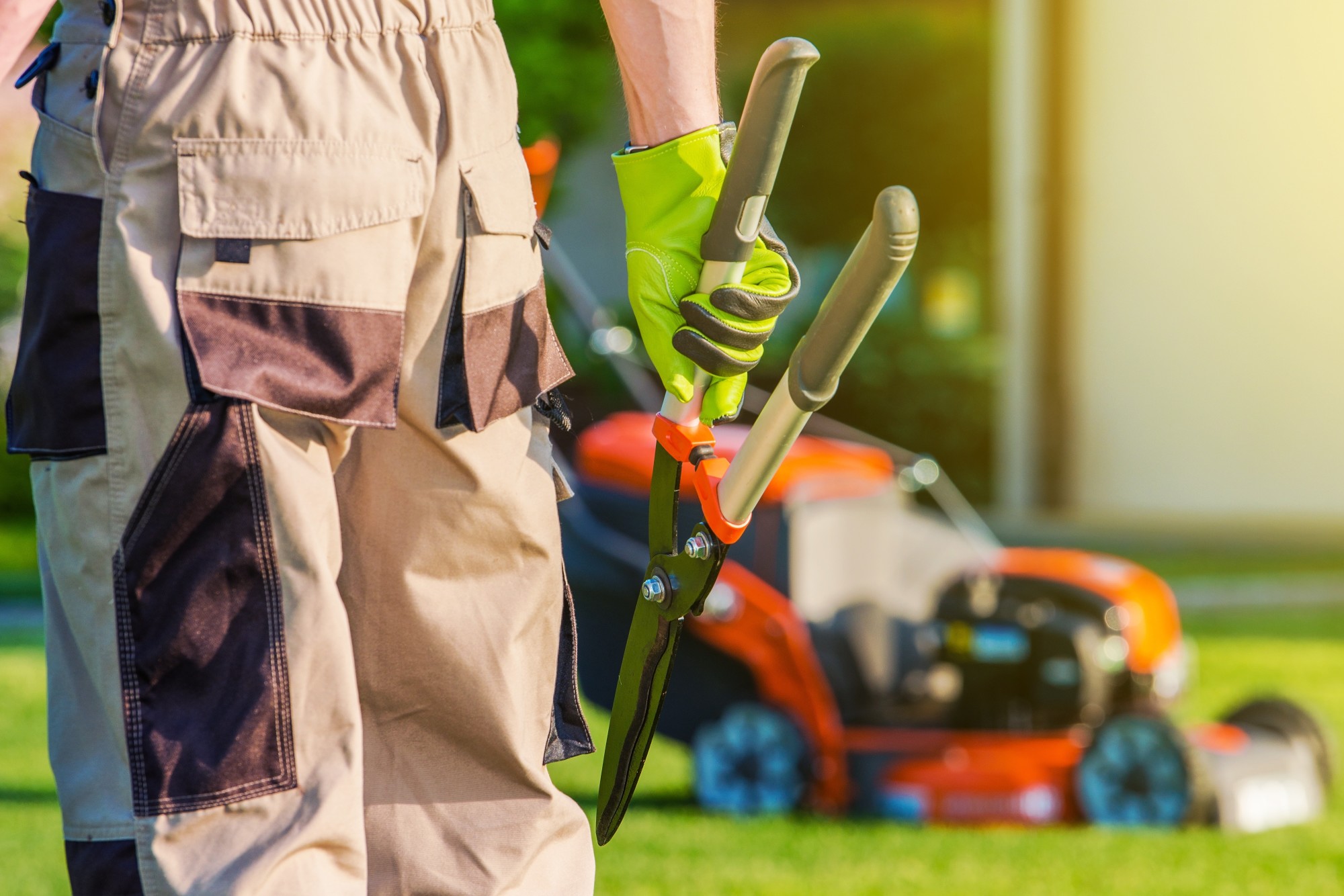Landscaping Professional. Pro Gardener with Large Scissors and Other Gardening Equipment.