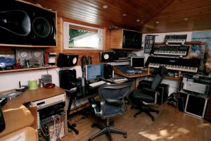 Home-Studio-Desk-And-Equipment-In-Wooden-Ceiling-Room-With-Best-Exclusive-Decorating-Music-Room-Studio-Ideas