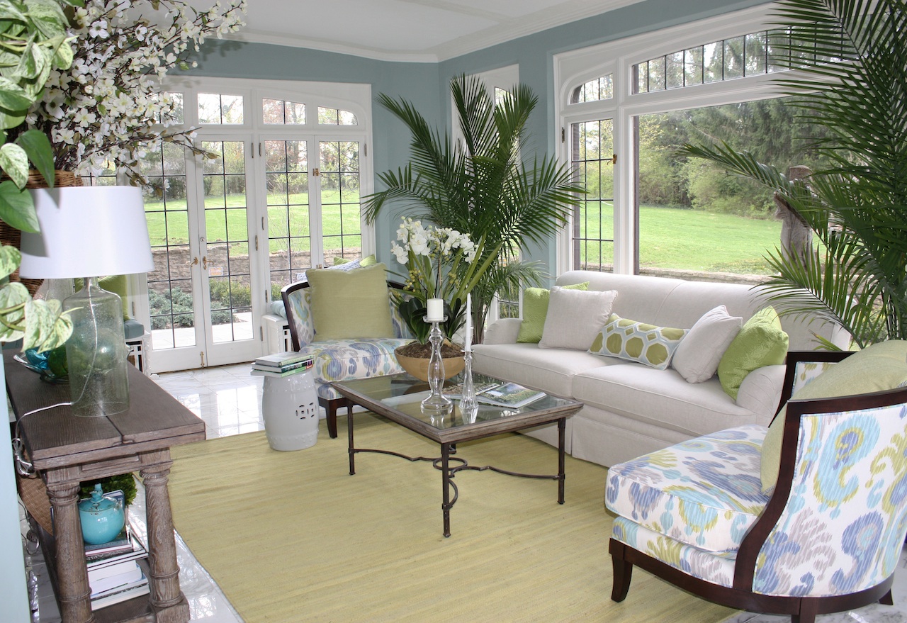 Soft Blue Sunroom S Wall Paint Colors With White Sofa And Plants