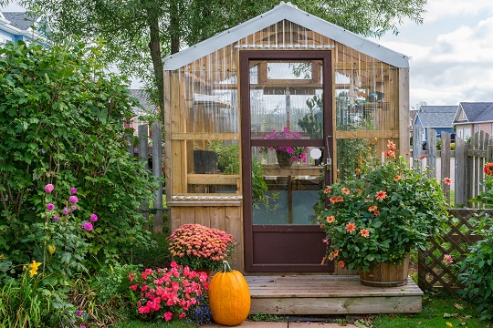Residential greenhouse decorated for autumn.