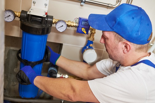 House water system maintenance. plumber installing or replacing filter with cartridge