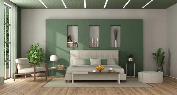 White and green elegant master bedroom with double bed against wall with niche - 3d rendering